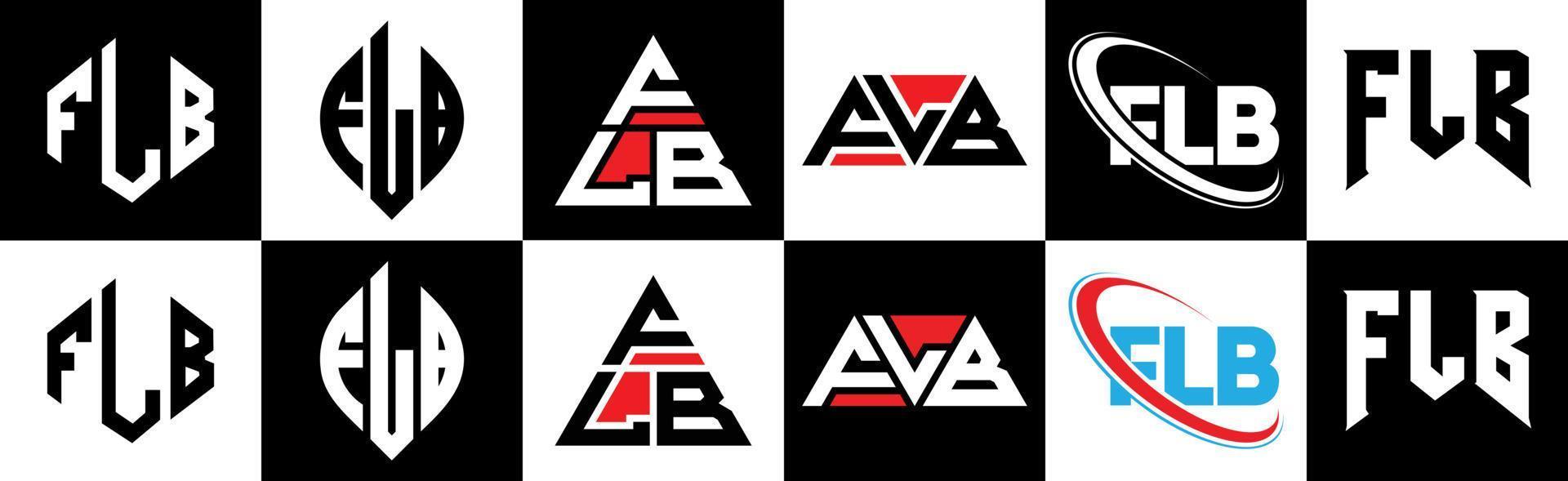 flb brev logotyp design i sex stil. flb polygon, cirkel, triangel, sexhörning, platt och enkel stil med svart och vit Färg variation brev logotyp uppsättning i ett rittavla. flb minimalistisk och klassisk logotyp vektor