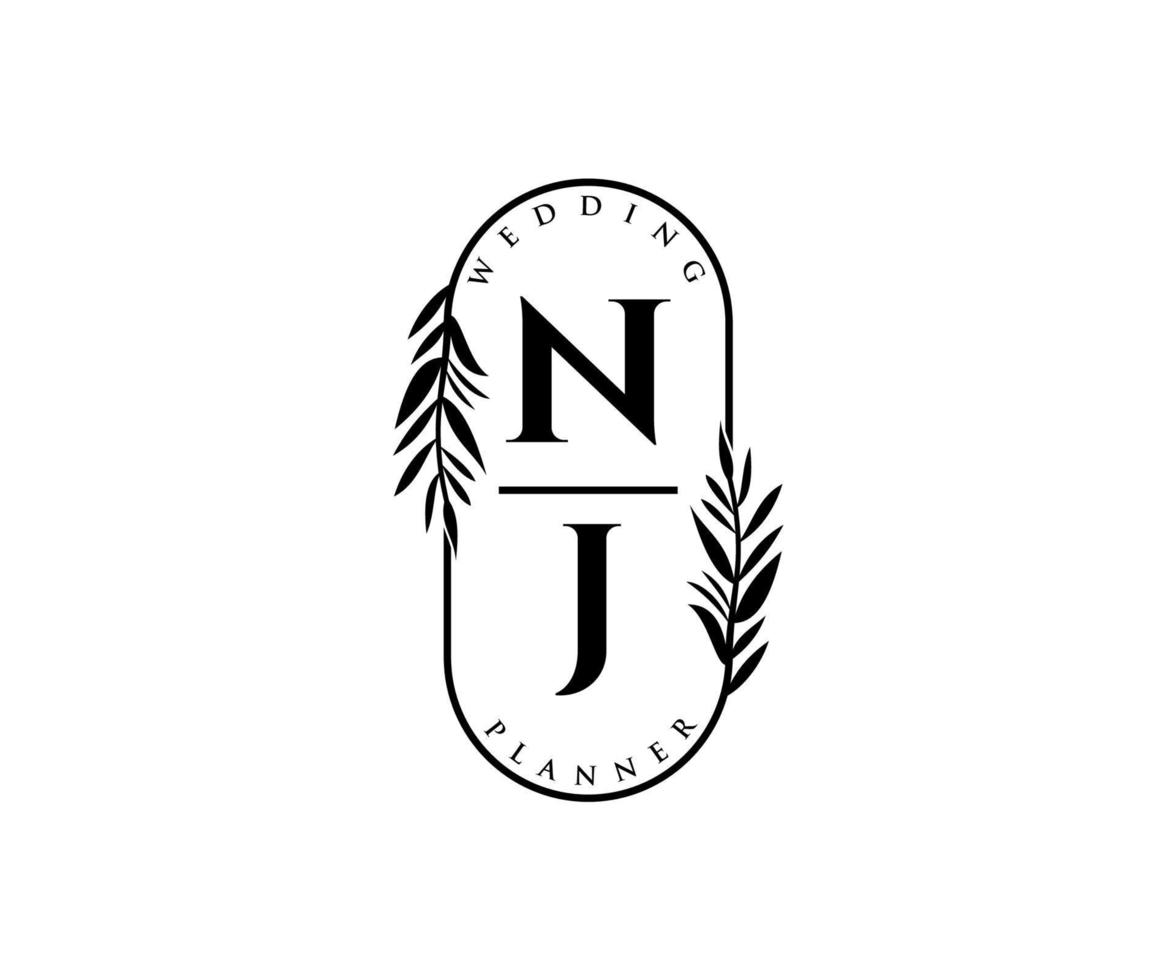 nj initialen brief hochzeitsmonogramm logos sammlung, handgezeichnete moderne minimalistische und florale vorlagen für einladungskarten, save the date, elegante identität für restaurant, boutique, café im vektor