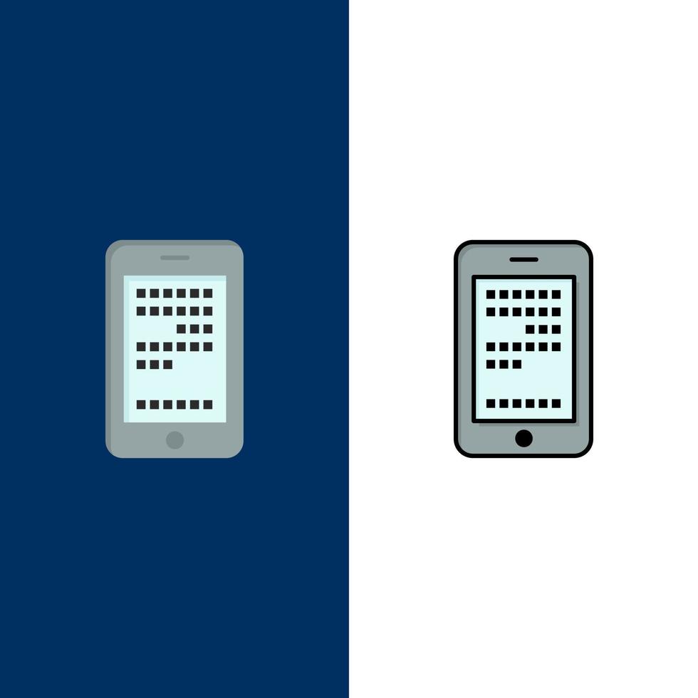 mobile bildungszelle codierungssymbole flach und linie gefüllt icon set vektor blauen hintergrund