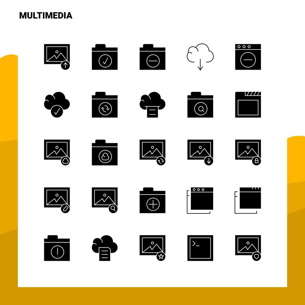 25 Multimedia-Icon-Set solide Glyphen-Icon-Vektor-Illustrationsvorlage für Web- und mobile Ideen für Unternehmen vektor