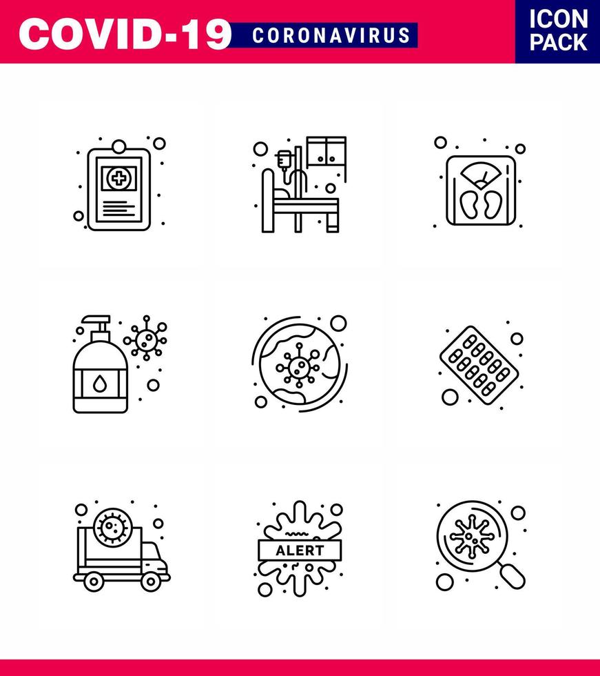 covid19-symbolsatz für infografik 9-zeilenpaket wie viren-virenschutz-management-feuchtigkeitscreme-handwäsche virales coronavirus 2019nov-krankheitsvektor-designelemente vektor