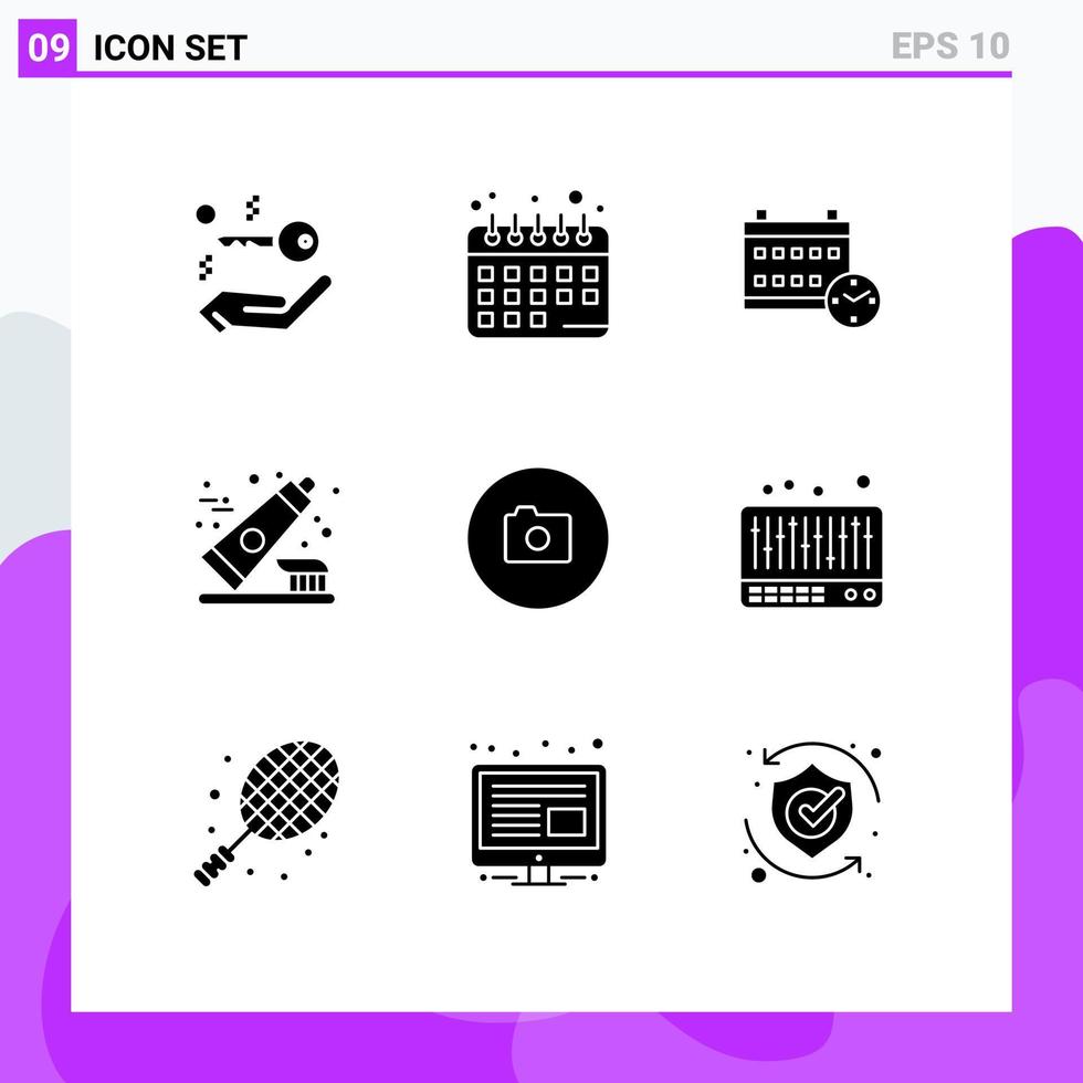 mobil gränssnitt fast glyf uppsättning av 9 piktogram av ui bild datum kamera tandkräm redigerbar vektor design element