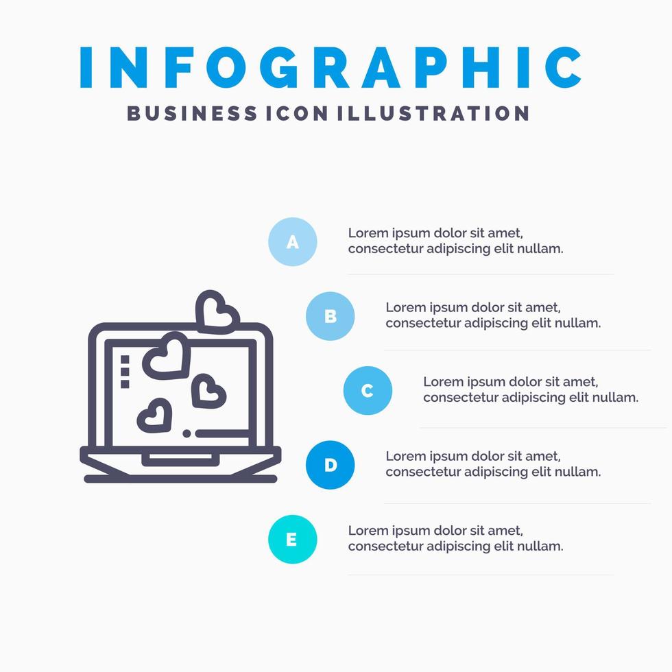 bärbar dator kärlek hjärta bröllop linje ikon med 5 steg presentation infographics bakgrund vektor