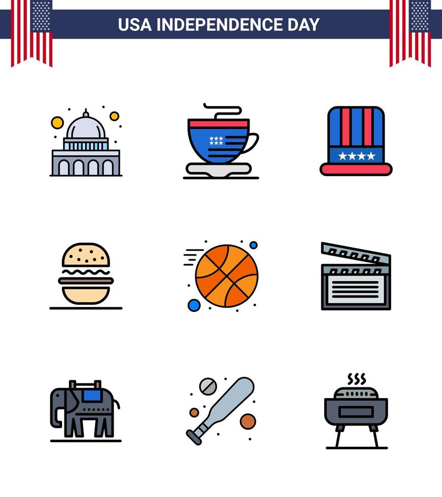 USA Lycklig oberoende dag piktogram uppsättning av 9 enkel platt fylld rader av sporter basketboll keps USA äta redigerbar USA dag vektor design element