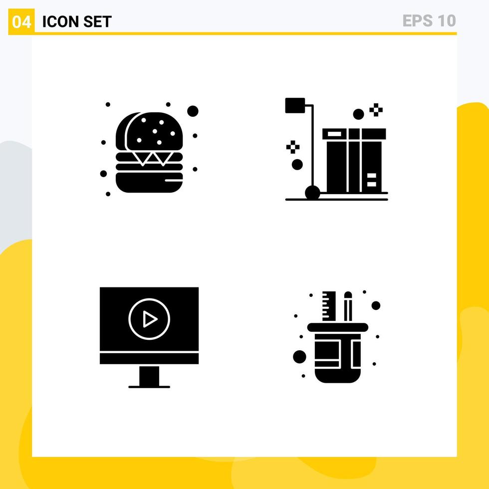 4 användare gränssnitt fast glyf packa av modern tecken och symboler av burger spelare låda förpackning hållare redigerbar vektor design element