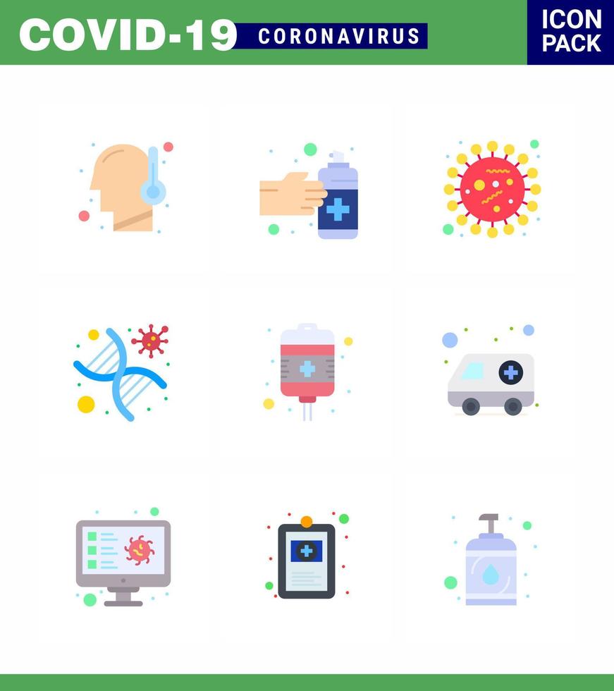 Symbole zur Vorbeugung von Coronaviren 9 flache Farbsymbole wie virale genomische Bakterien Genetik Bakterien virales Coronavirus 2019nov Krankheitsvektor Designelemente vektor