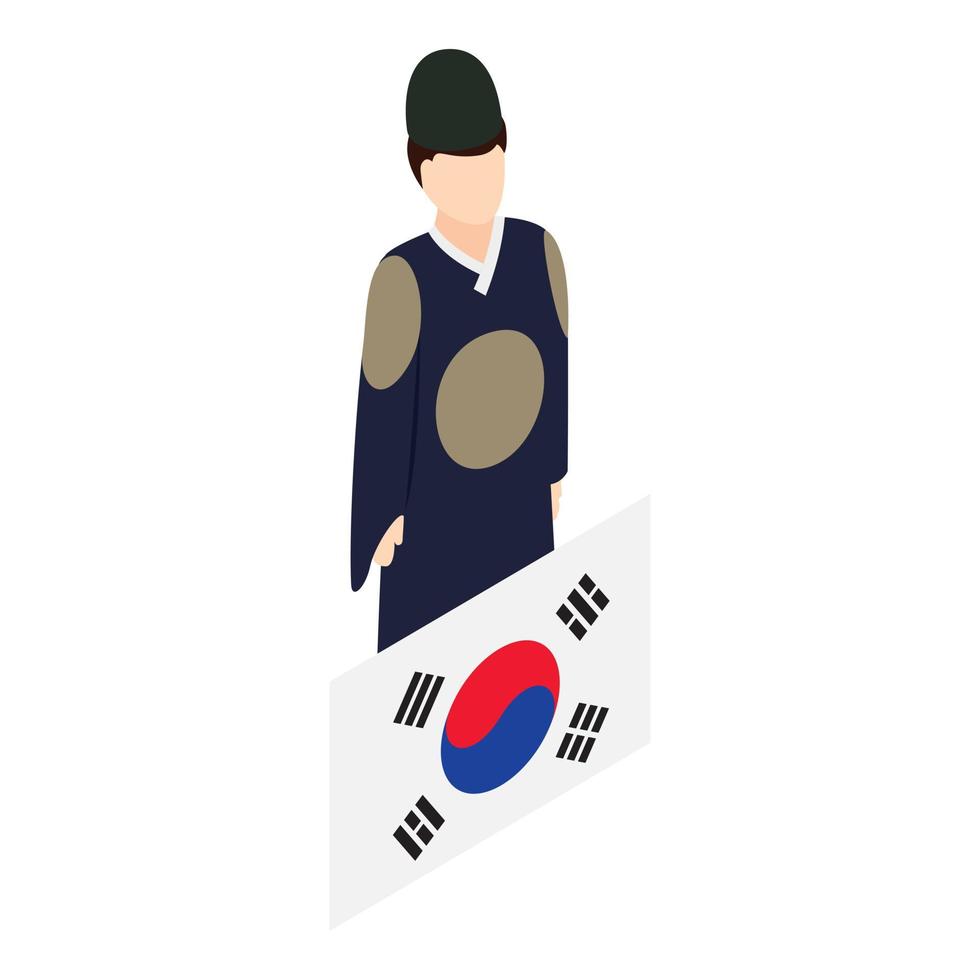 isometrischer vektor der koreanischen mannikone. koreanische traditionelle kleidung und landesflagge