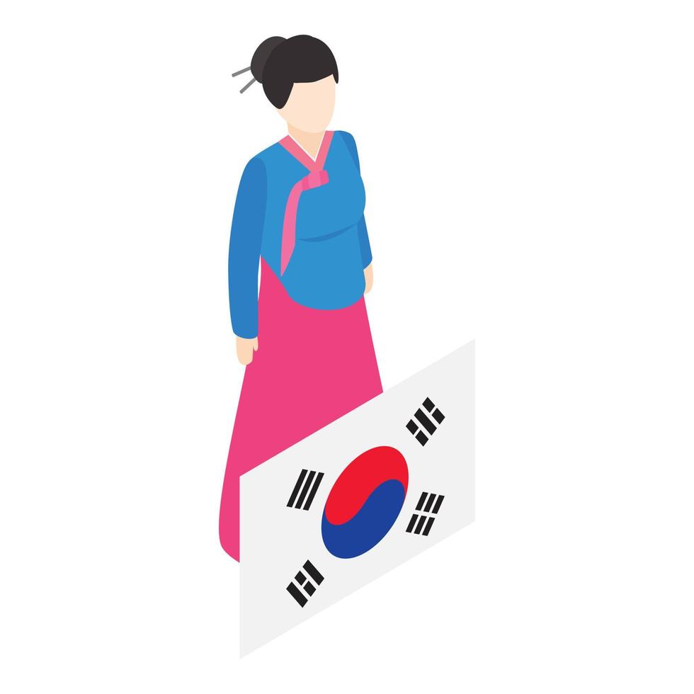 isometrischer vektor der koreanischen frauenikone. koreanische traditionelle kleidung und landesflagge