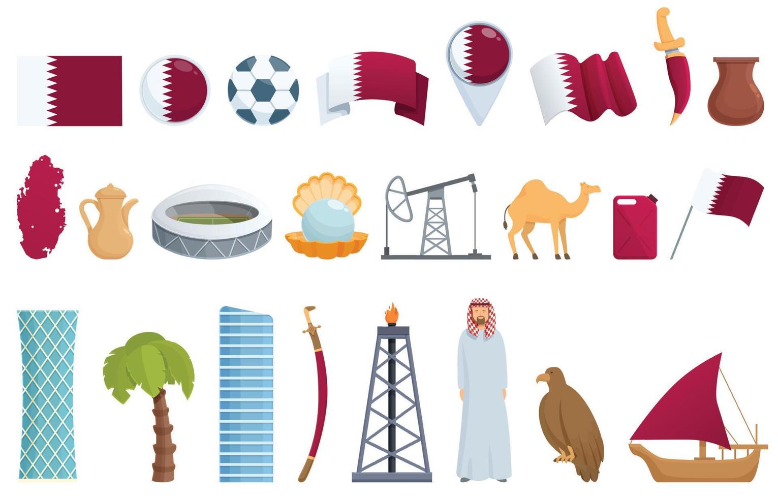 qatar ikoner uppsättning tecknad serie vektor. nationell dag vektor