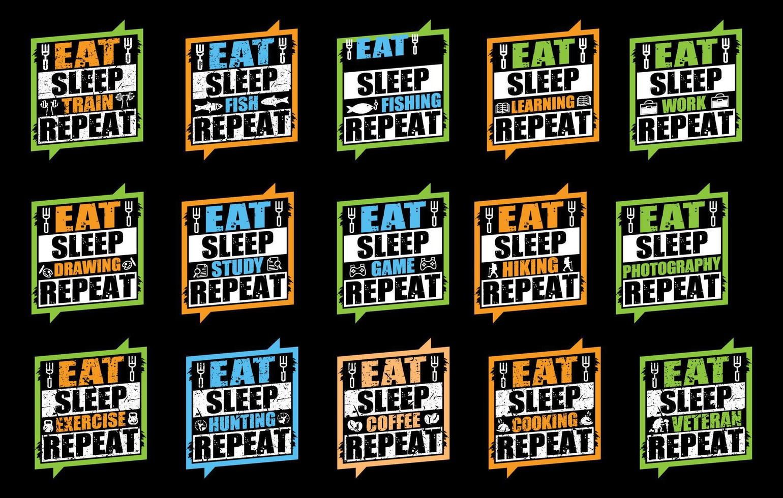 Eat Sleep Repeat T-Shirt, lustiges T-Shirt-Design-Bündel, Schriftzug T-Shirt-Set, Essen, Schlaf, Wiederholung, lustiges Zitat, Vintage-T-Shirt vektor