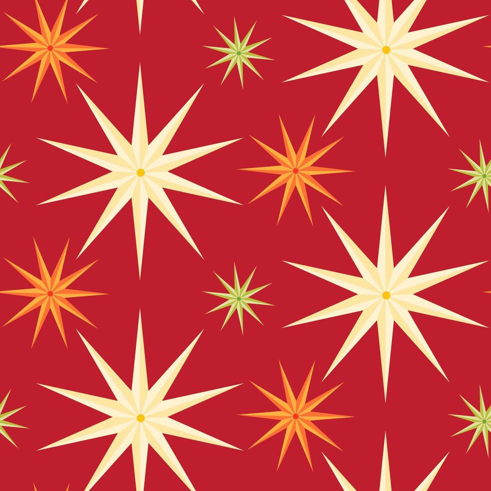 sömlös mönster av ljus stjärnor på isolerat röd bakgrund. Semester design firande av ny år, jul, vinter- högtider. starry bakgrund för hälsning kort, scrapbooking, tapet. vektor