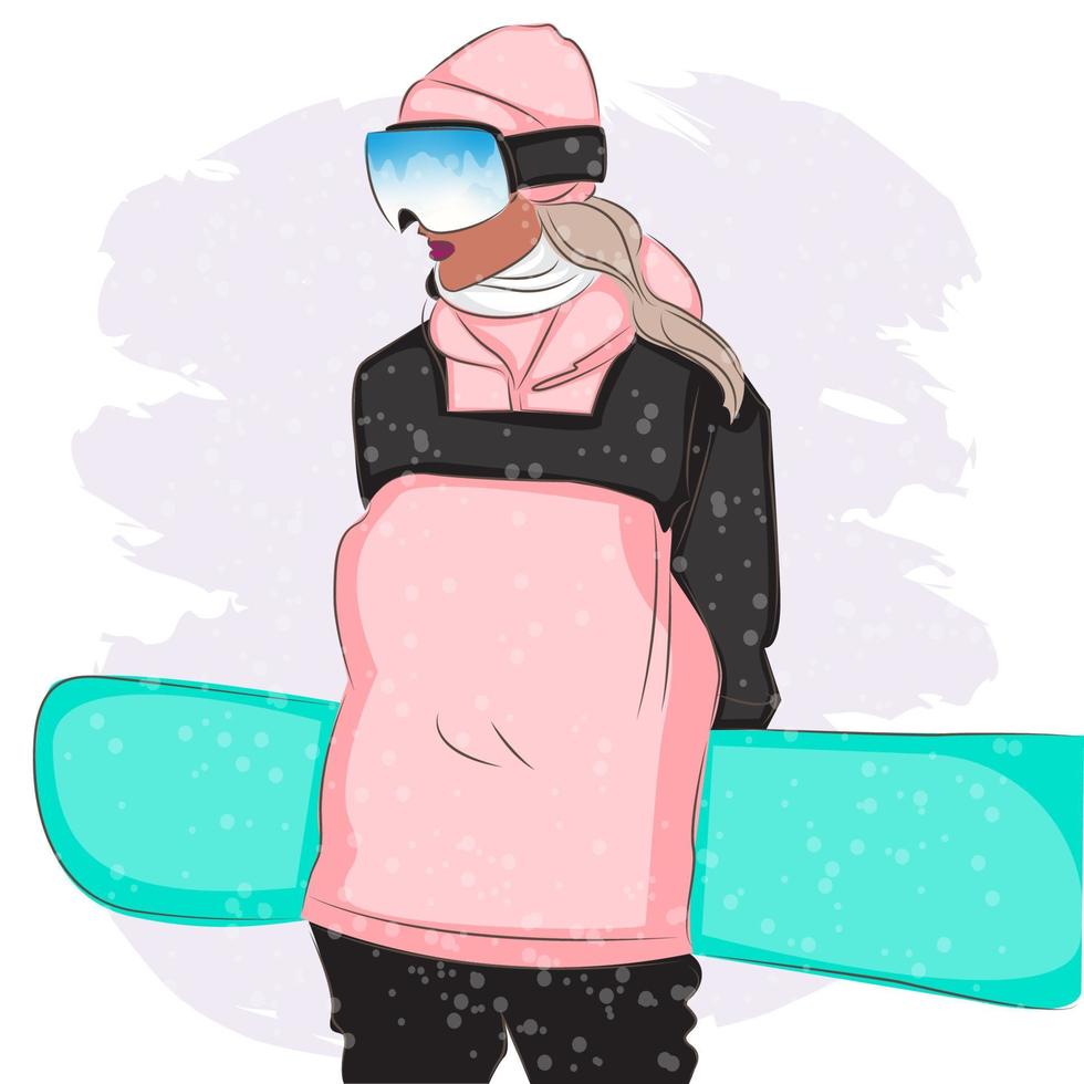 Modische Frau mit Skibrille in einem Skigebiet, Mode, Vektorillustration vektor