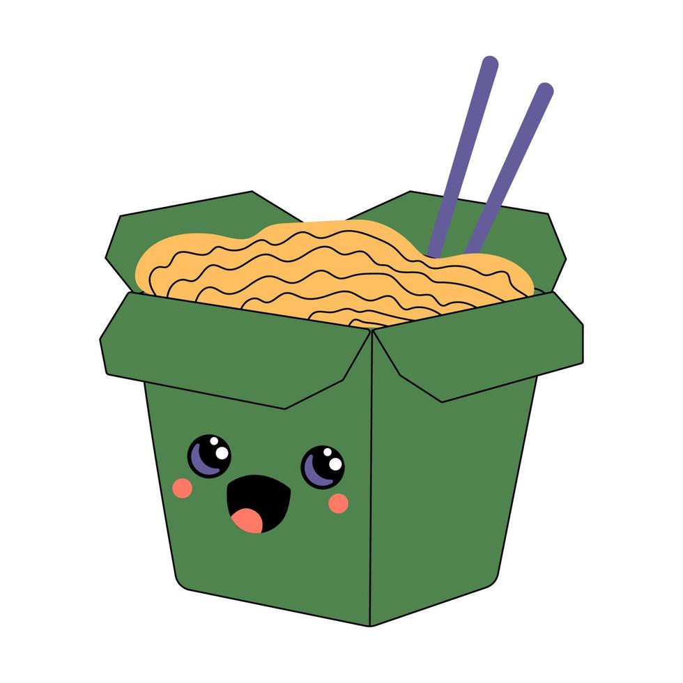 asiatische wok-box mit ramen-nudel-zeichentrickfigur. isolierte Vektor-Ramen-Persönlichkeit. Happy Fast Food positives Emoji, lustige Kawaii-Mahlzeit in Kartonverpackung vektor