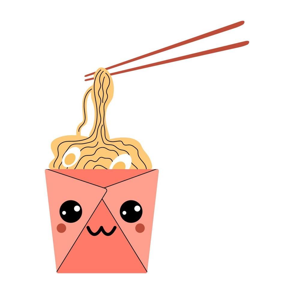 asiatische wok-box mit ramen-nudel-zeichentrickfigur. isolierte Vektor-Ramen-Persönlichkeit. Happy Fast Food positives Emoji, lustige Kawaii-Mahlzeit in Kartonverpackung vektor