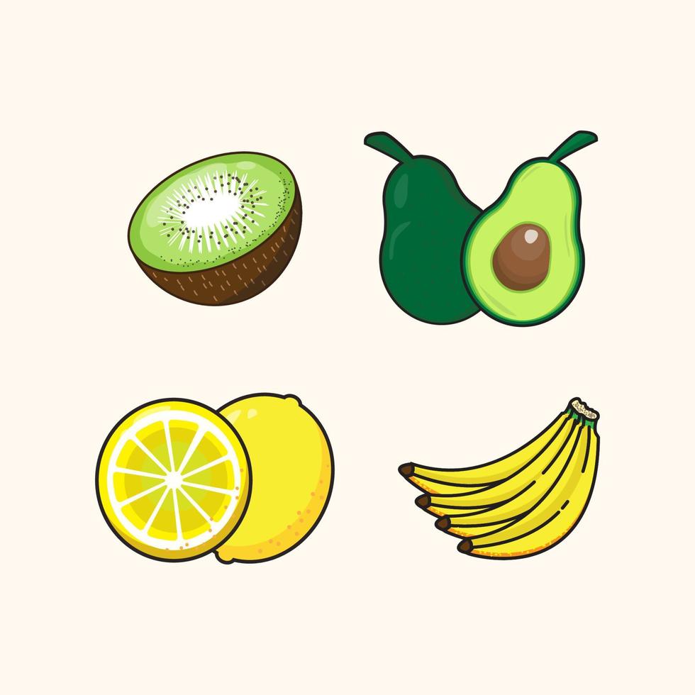 vektor illustration av fyra frukt avokado, melon, kiwi, banan på vit bakgrund.