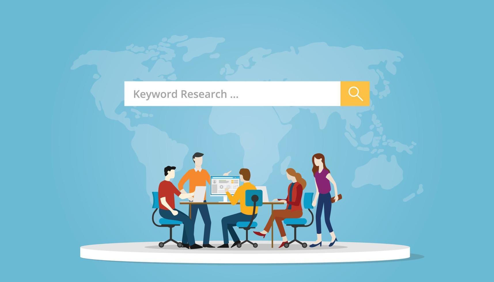 Keyword-Recherche-Konzept mit Teammitgliedern arbeiten zusammen, um die besten Keywords mit modernem flachen Stil zu analysieren und zu recherchieren vektor