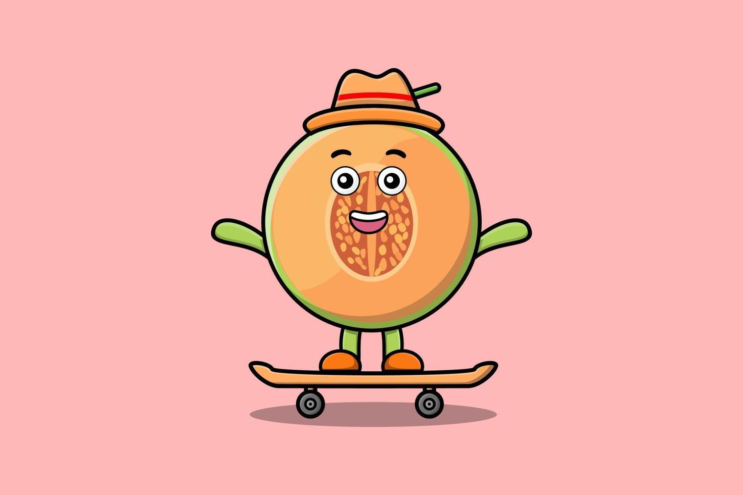 söt tecknad serie melon stående på skateboard vektor