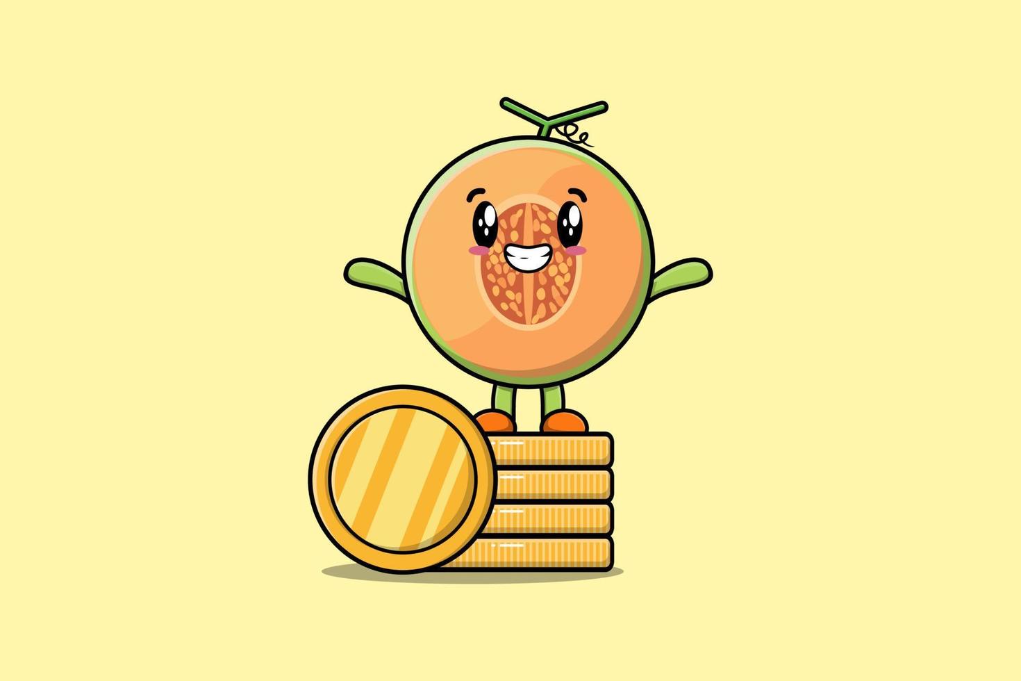 söt tecknad serie melon stående i staplade guld mynt vektor