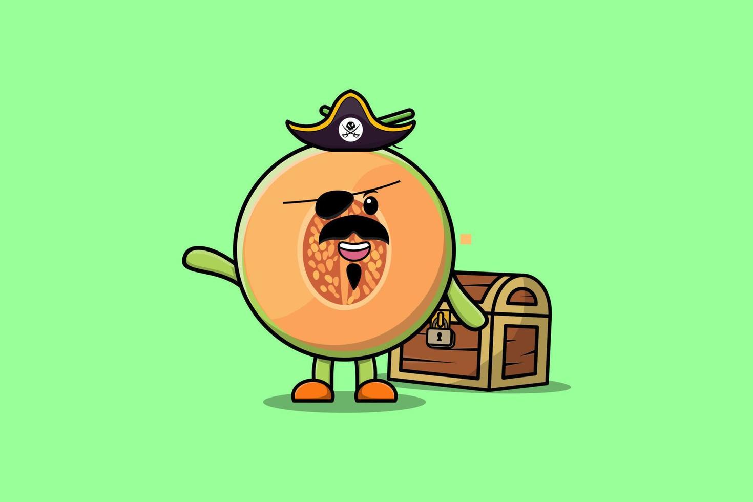 söt tecknad serie melon pirat med skatt låda vektor