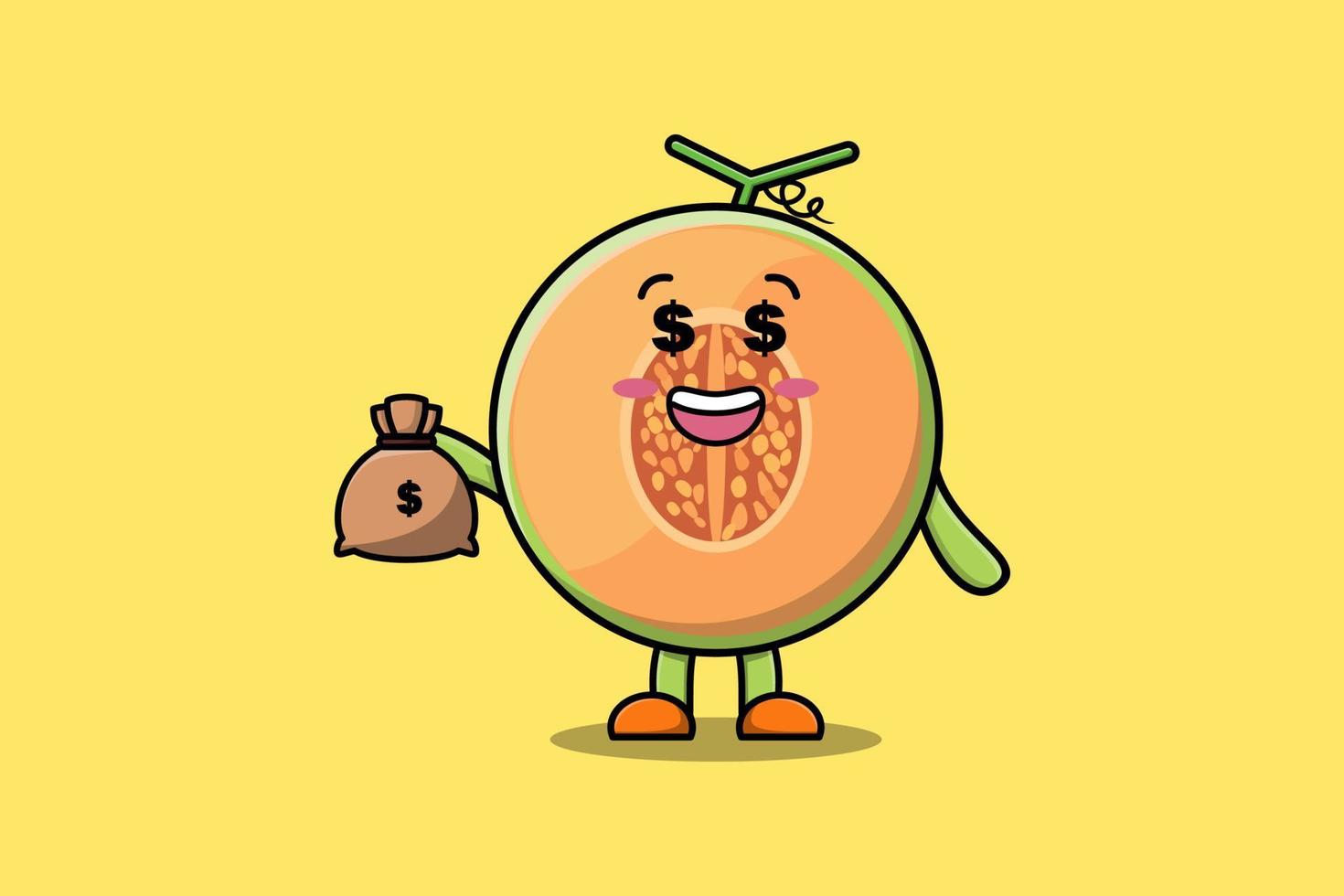 söt tecknad serie galen rik melon med pengar väska vektor