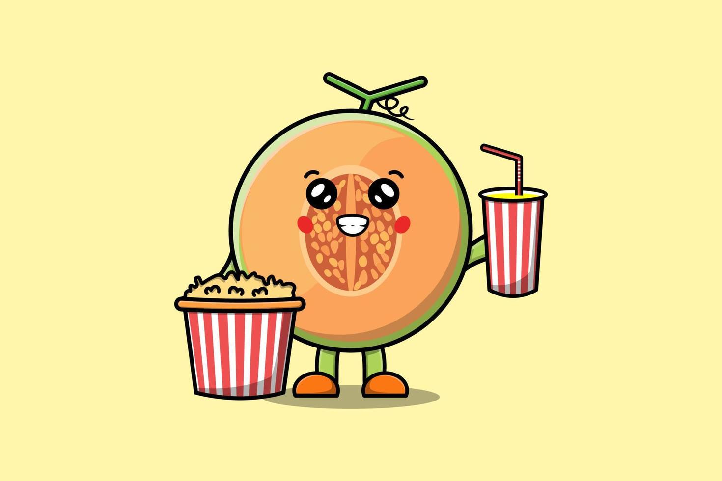 süße karikaturmelone mit popcorn und getränk vektor