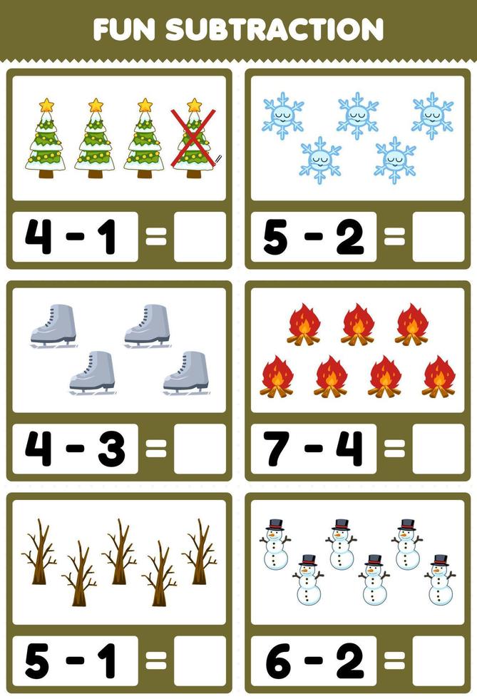 utbildning spel för barn roligt subtraktion förbi räkning och eliminera söt tecknad serie jul träd snöflinga känga bål snögubbe tryckbar vinter- kalkylblad vektor