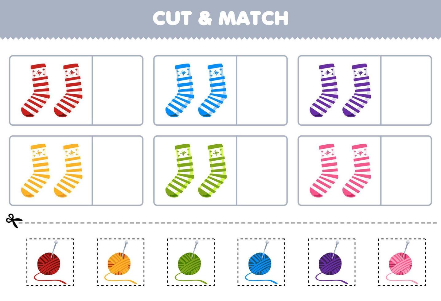 utbildning spel för barn skära och match de samma Färg av söt tecknad serie strumpa tryckbar vinter- kläder kalkylblad vektor