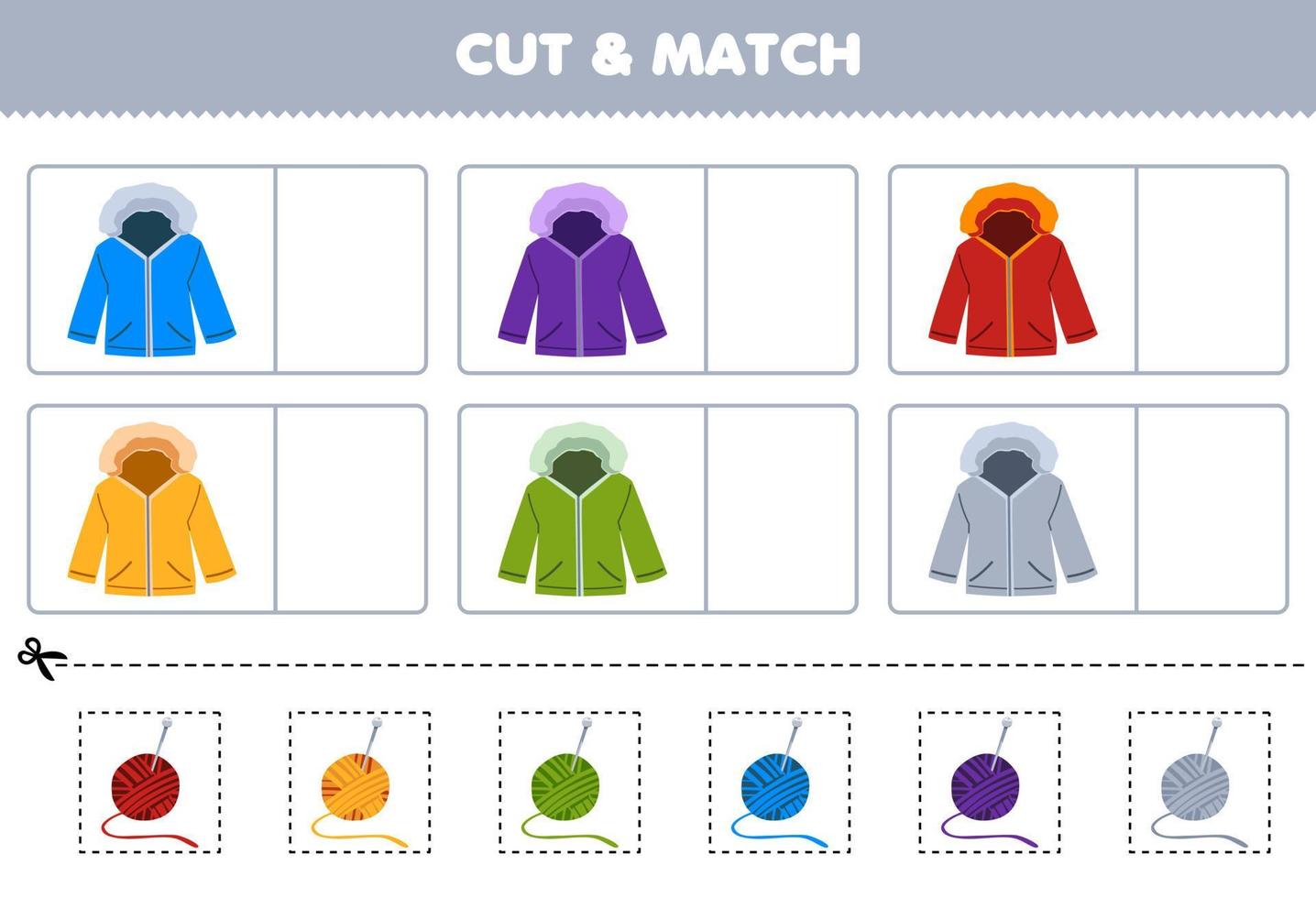 utbildning spel för barn skära och match de samma Färg av söt tecknad serie jacka tryckbar vinter- kläder kalkylblad vektor