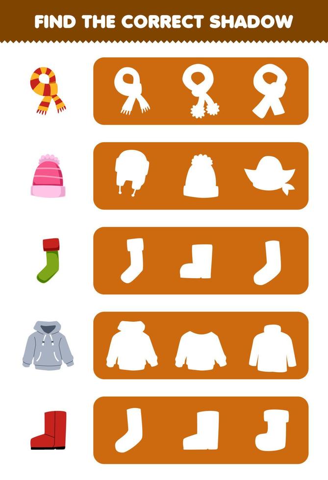 Bildungsspiel für Kinder Finden Sie die richtige Schattensilhouette des niedlichen Cartoon-Schal-Mützen-Socken-Hoodie-Stiefels zum Ausdrucken Winterarbeitsblatt vektor