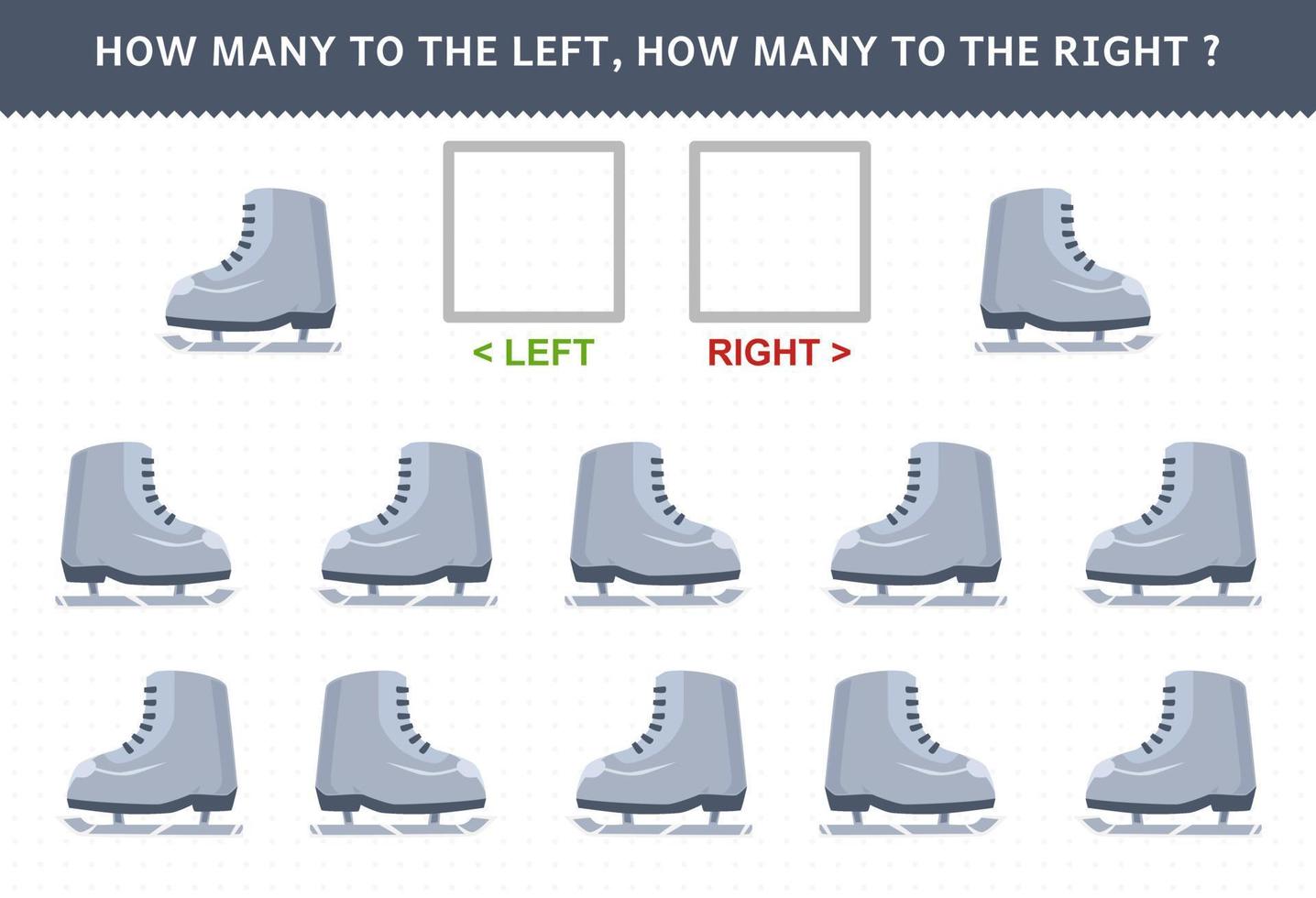 utbildning spel för barn av räkning vänster och rätt bild av söt tecknad serie is skridskoåkning skor tryckbar vinter- kalkylblad vektor