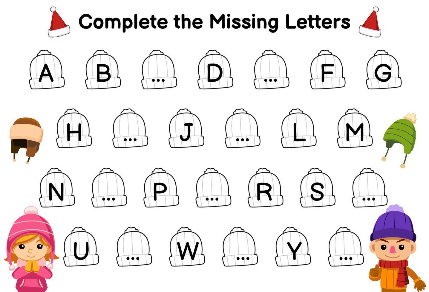 Bildungsspiel zum Vervollständigen der fehlenden Buchstaben mit niedlichem Cartoon-Jungen und -Mädchen, die ein druckbares Winterarbeitsblatt mit Hut tragen vektor