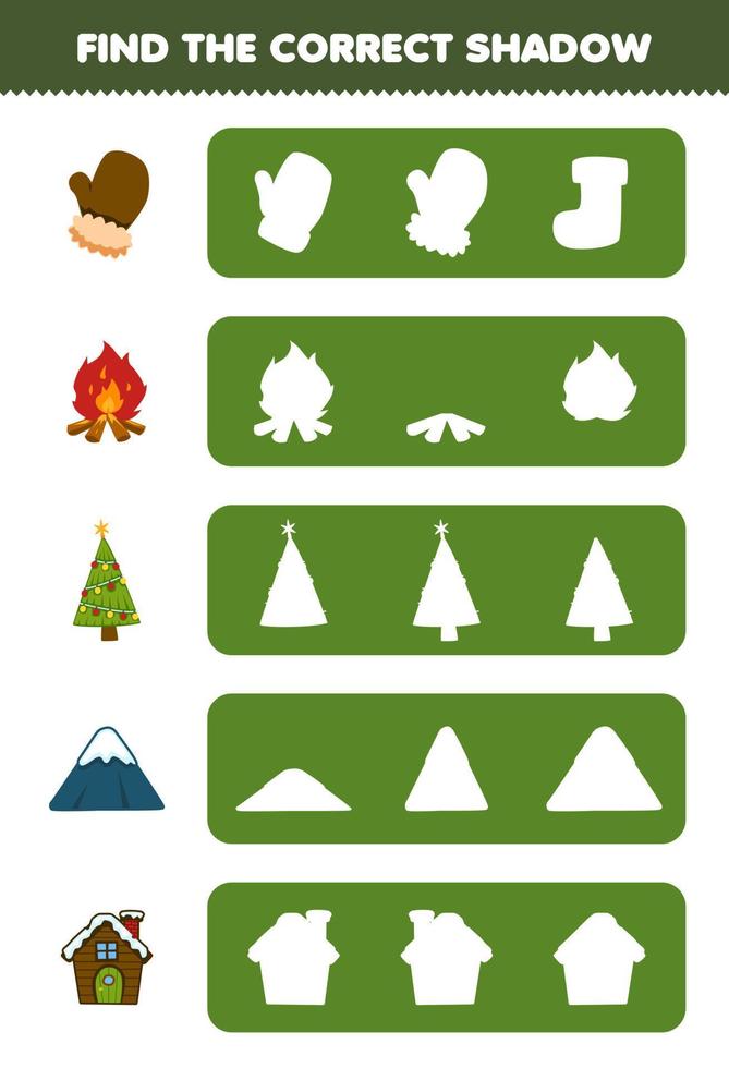utbildning spel för barn hitta de korrekt skugga silhuett av söt tecknad serie vante bål chirstmasgåva träd berg hus tryckbar vinter- kalkylblad vektor