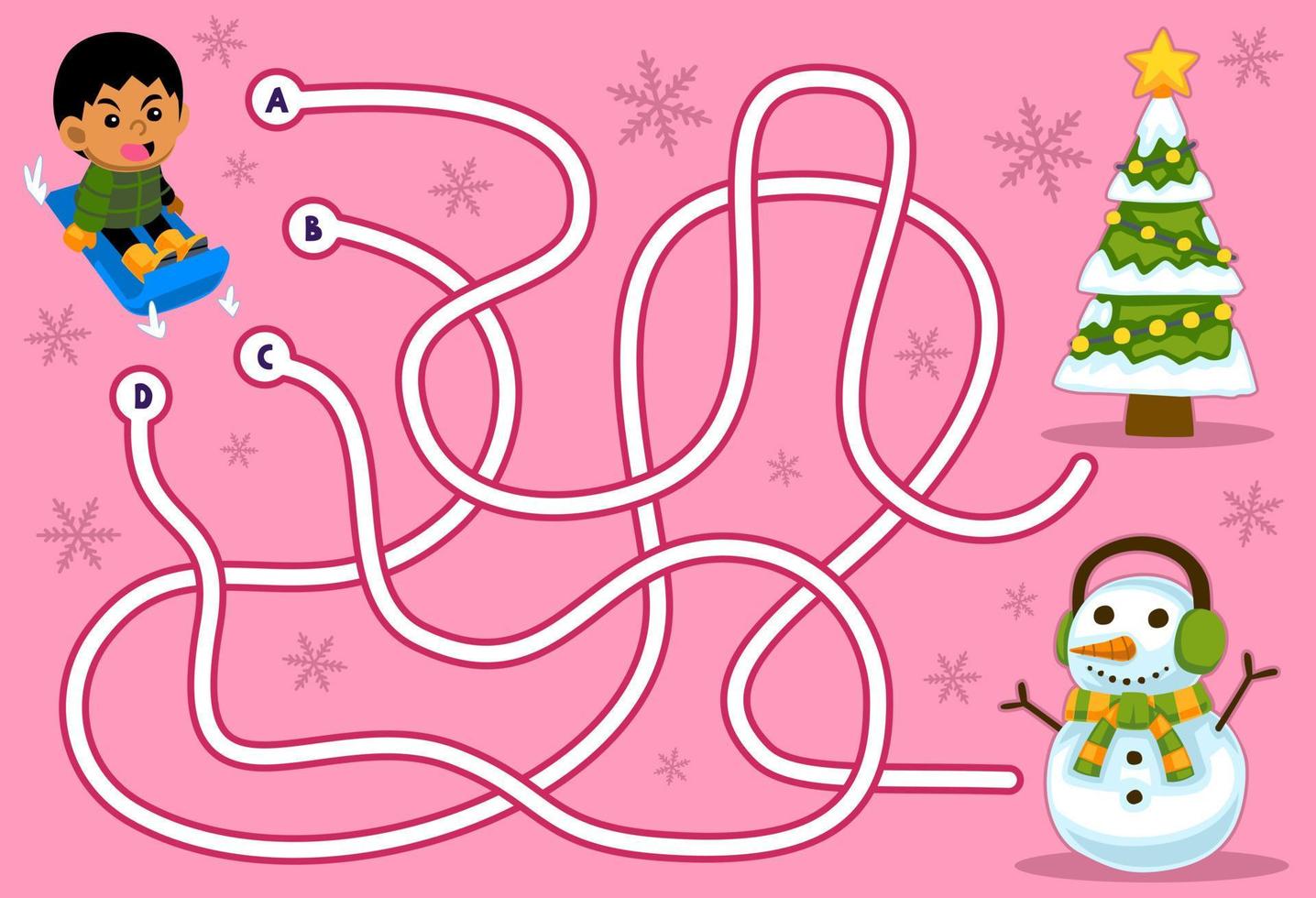 Labyrinth-Puzzle-Spiel für Kinder mit niedlichem Cartoon-Jungen, der Schlitten-Weihnachtsbaum und Schneemann spielt Winterarbeitsblatt zum Ausdrucken vektor