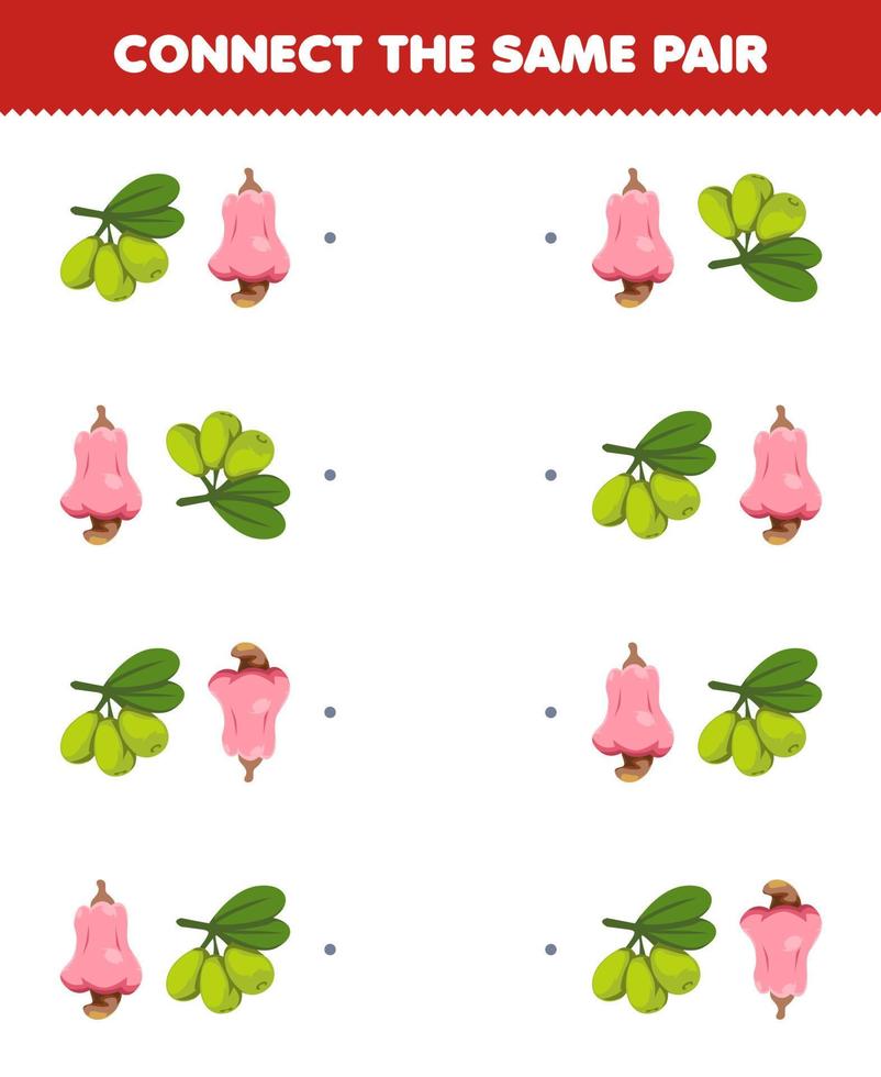Lernspiel für Kinder Verbinden Sie das gleiche Bild eines niedlichen Cartoon-Oliven- und Cashew-Paares zum Ausdrucken vektor