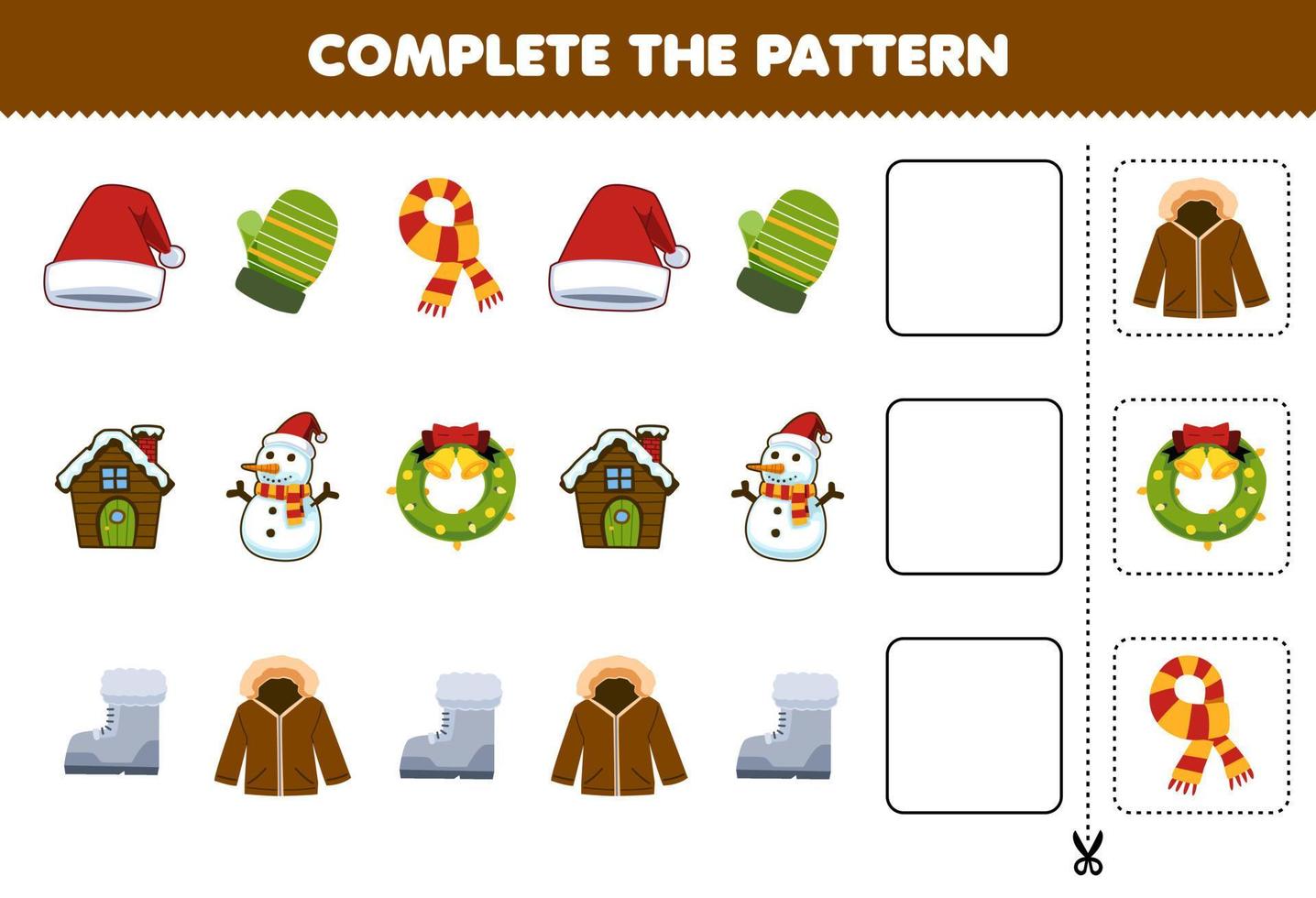 utbildning spel för barn skära och komplett de mönster av varje rad från en söt tecknad serie hatt vante scarf hus snögubbe känga jacka kalkylblad vektor