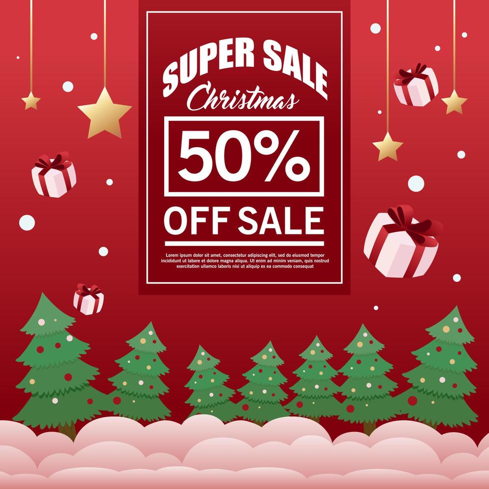 banner super verkauf für weihnachtsveranstaltung mit kiefernbaumwolke und geschenkboxillustration vektor