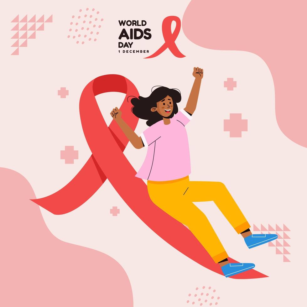 värld AIDS dag Lycklig kvinna sledding på röd band fred symbol vektor