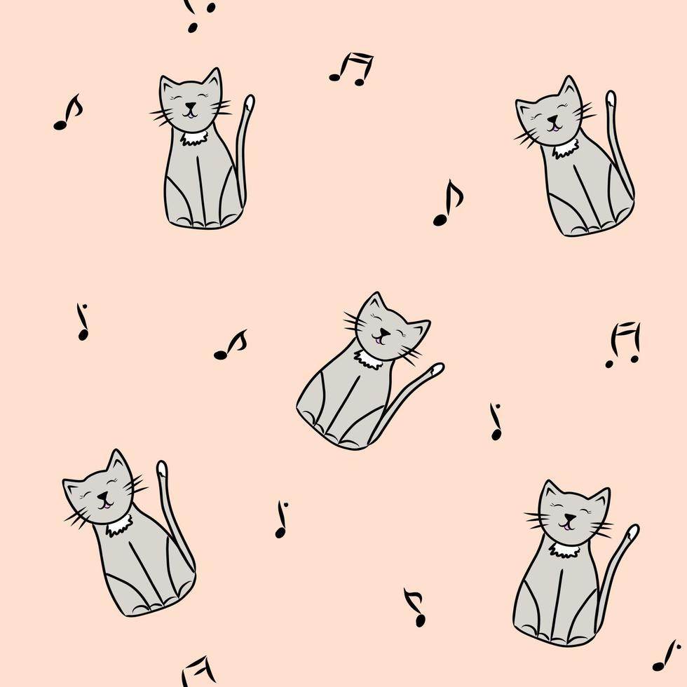 söt sömlös mönster med grå katter och anteckningar, hand dragen klotter illustration för barn tyg, barnkammare dekoration, tryck som omslag papper, förpackningar och omslag design, musik bakgrund vektor