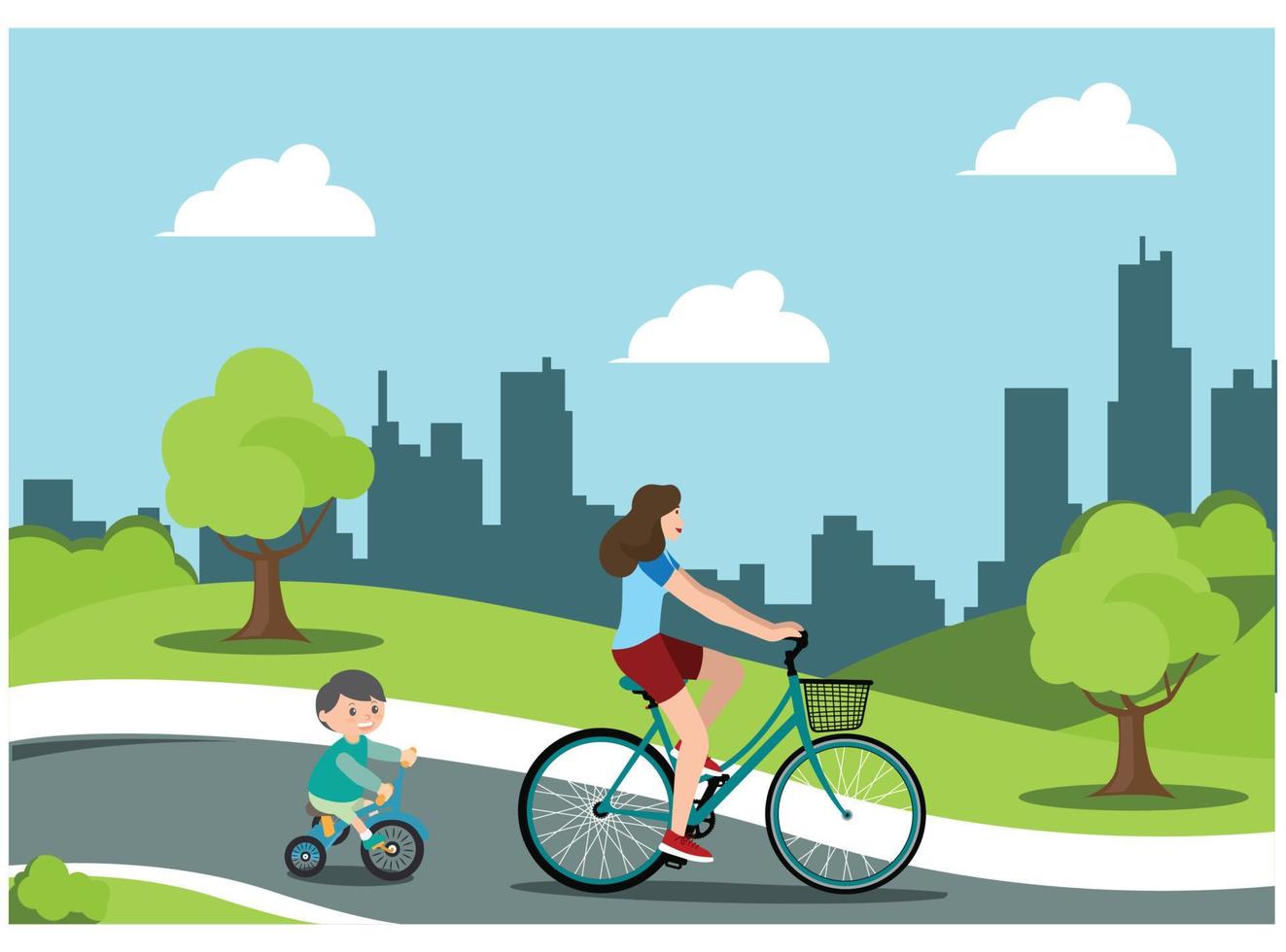 illustration av cykling i parkera med familj, vid vägkanten i solig dag. lämplig för diagram, infografik, och Övrig grafisk tillgångar vektor