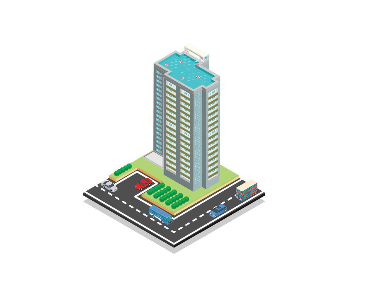 Vektor isometrisches Symbol oder Infografik-Elemente, die Low-Poly-Stadtwohnungsgebäude mit Straße und Autos für die Stadtplanerstellung darstellen. geeignet für Diagramme, Infografiken und andere grafische Elemente