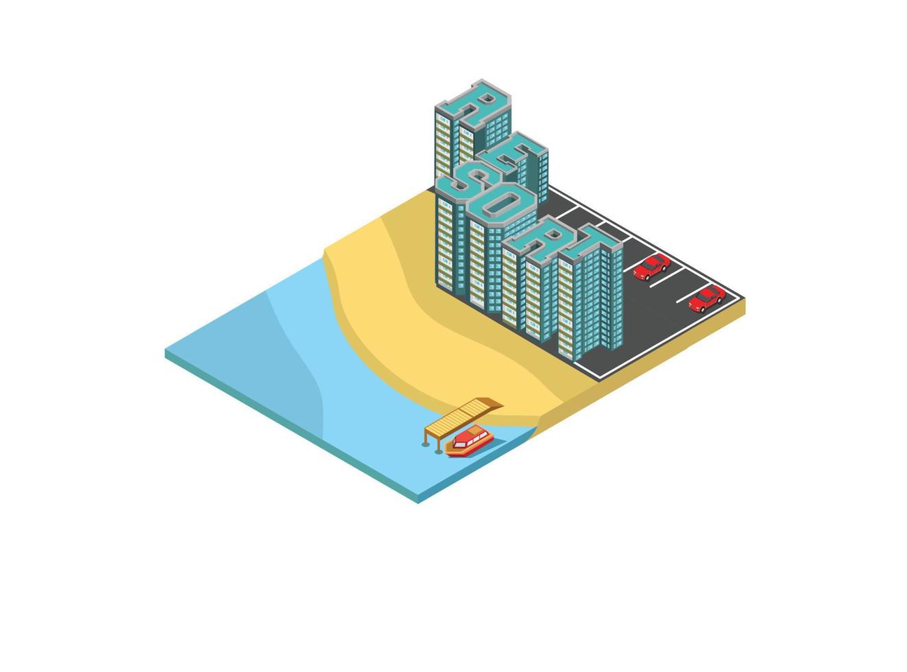 Vektor isometrisches Symbol oder Infografik-Elemente, die Low-Poly-Stadtwohnungsgebäude mit Straße und Autos für die Stadtplanerstellung darstellen. geeignet für Diagramme, Infografiken und andere grafische Elemente