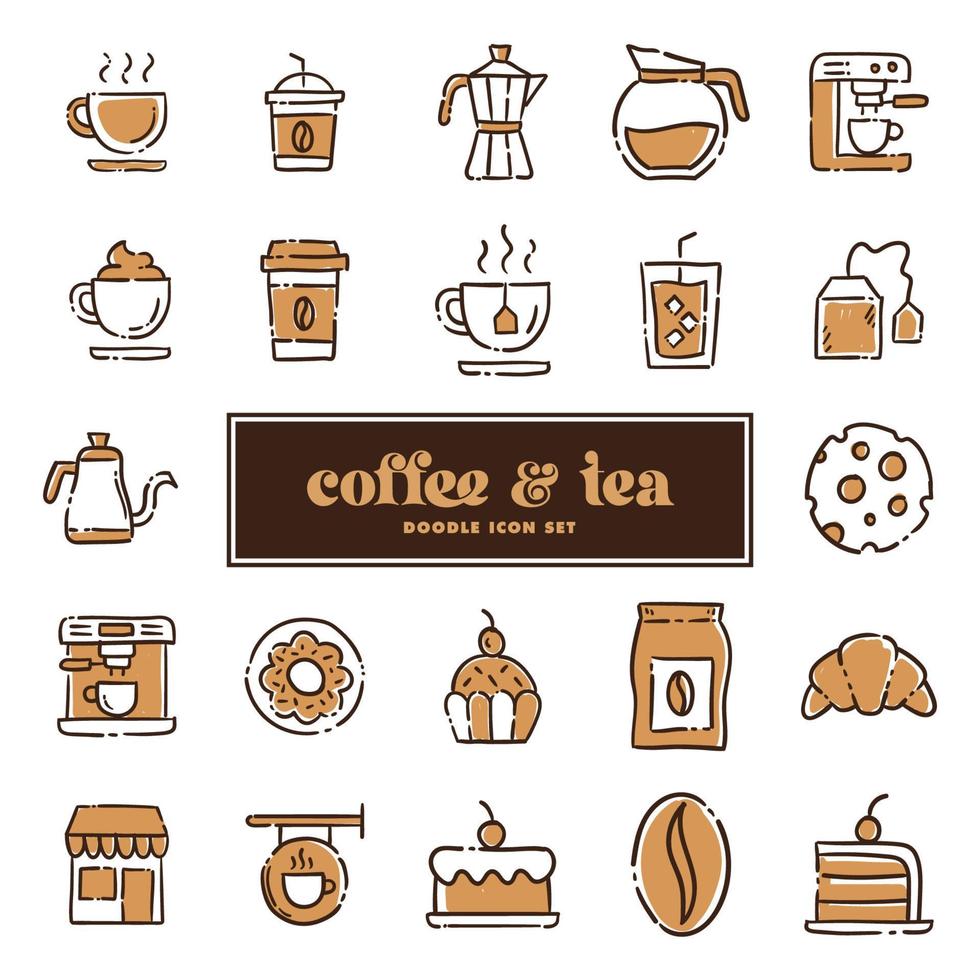 kaffe och te klotter ikoner. Kafé affär hand dragen illustrationer. vektor