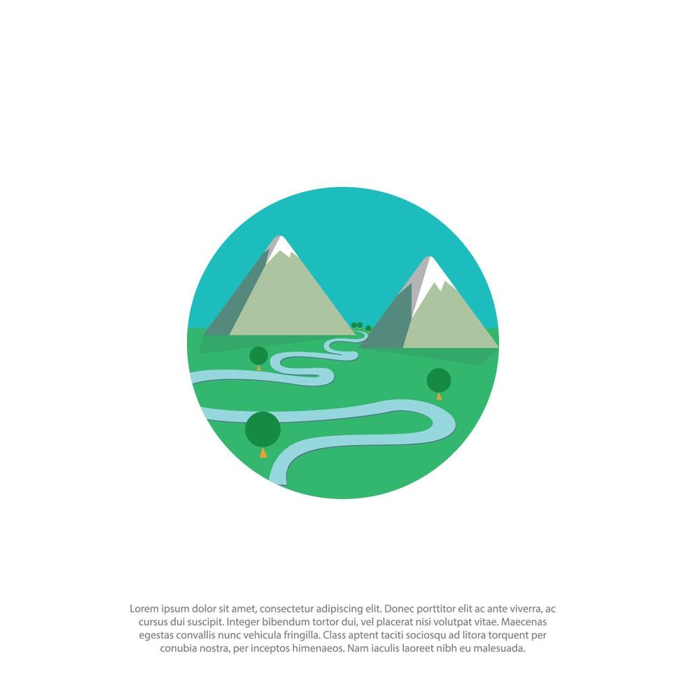 enkel och platt landskap logotyp med berg träd och flod i avrundad ram design kan vara för illustration eller logotyp vektor design logotyp mall