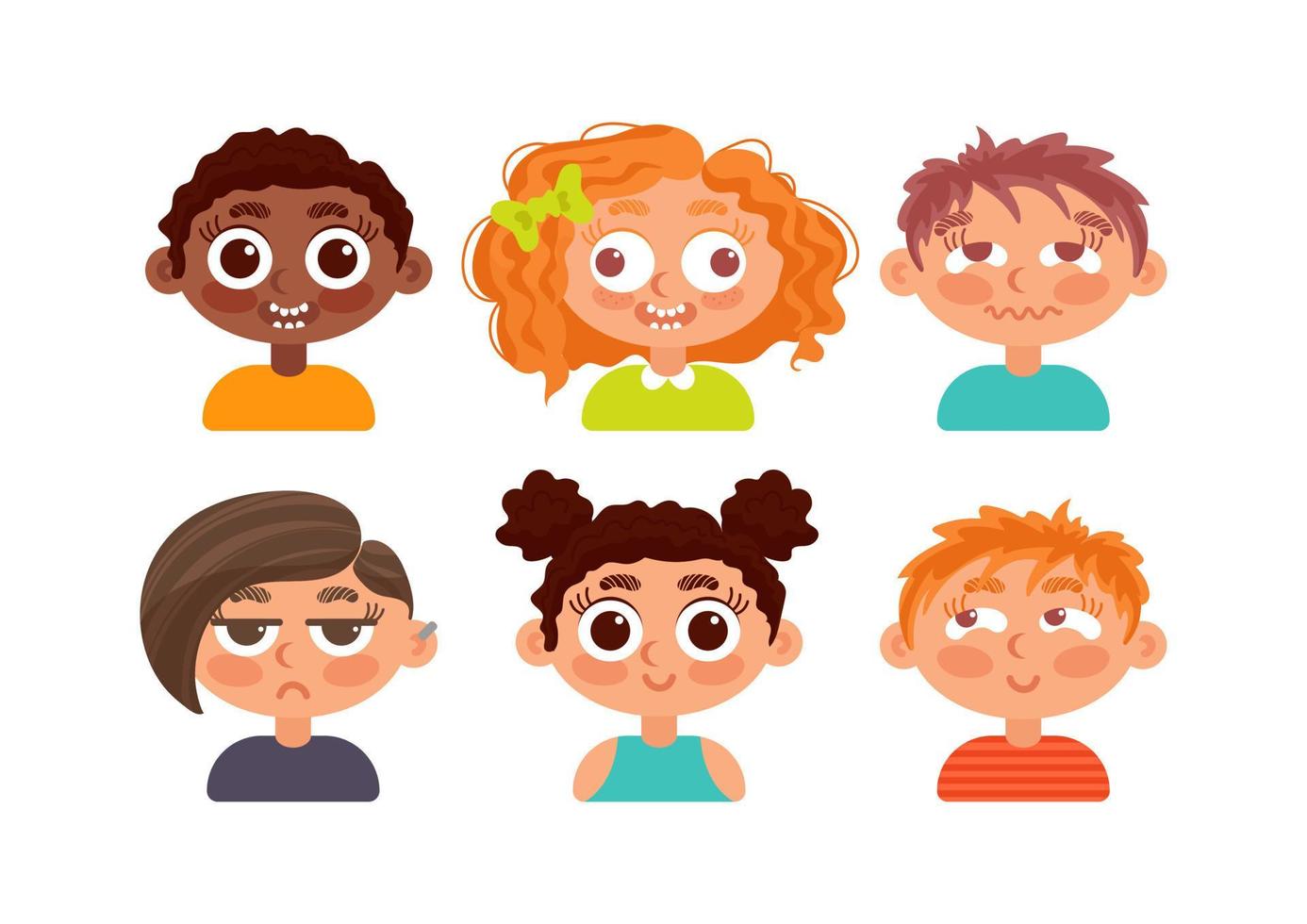 uppsättning av barns ansikten av annorlunda etniciteter. positiv negativ känslor. avsky, lycka, glädje, missnöje. för klistermärken, avatar, design element. i tecknad serie stil. vektor