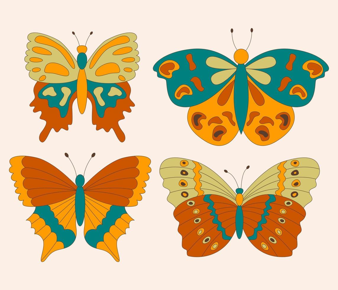 uppsättning av retro 60s 70s hippie häftig fjärilar för kort, klistermärken eller affisch design. platt vektor illustration
