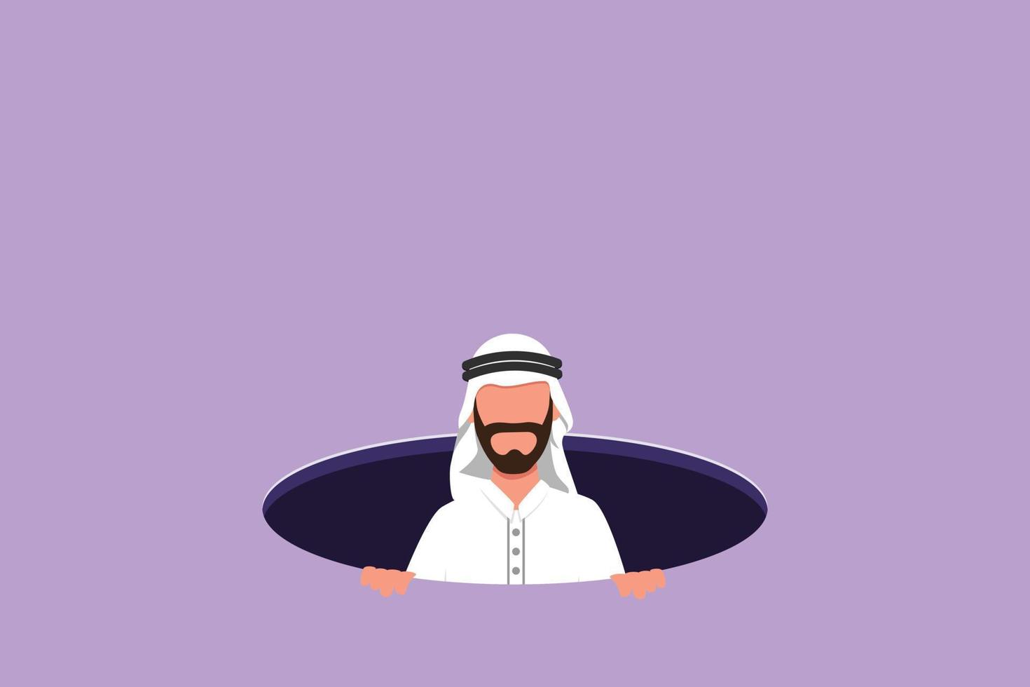 Cartoon Flat Style Drawing junger arabischer Geschäftsmann taucht aus dem Loch auf. Konzept des Versäumnisses, Geschäftsmöglichkeiten zu nutzen. depressiv und geschäftlicher Misserfolg. Grafikdesign-Vektorillustration vektor