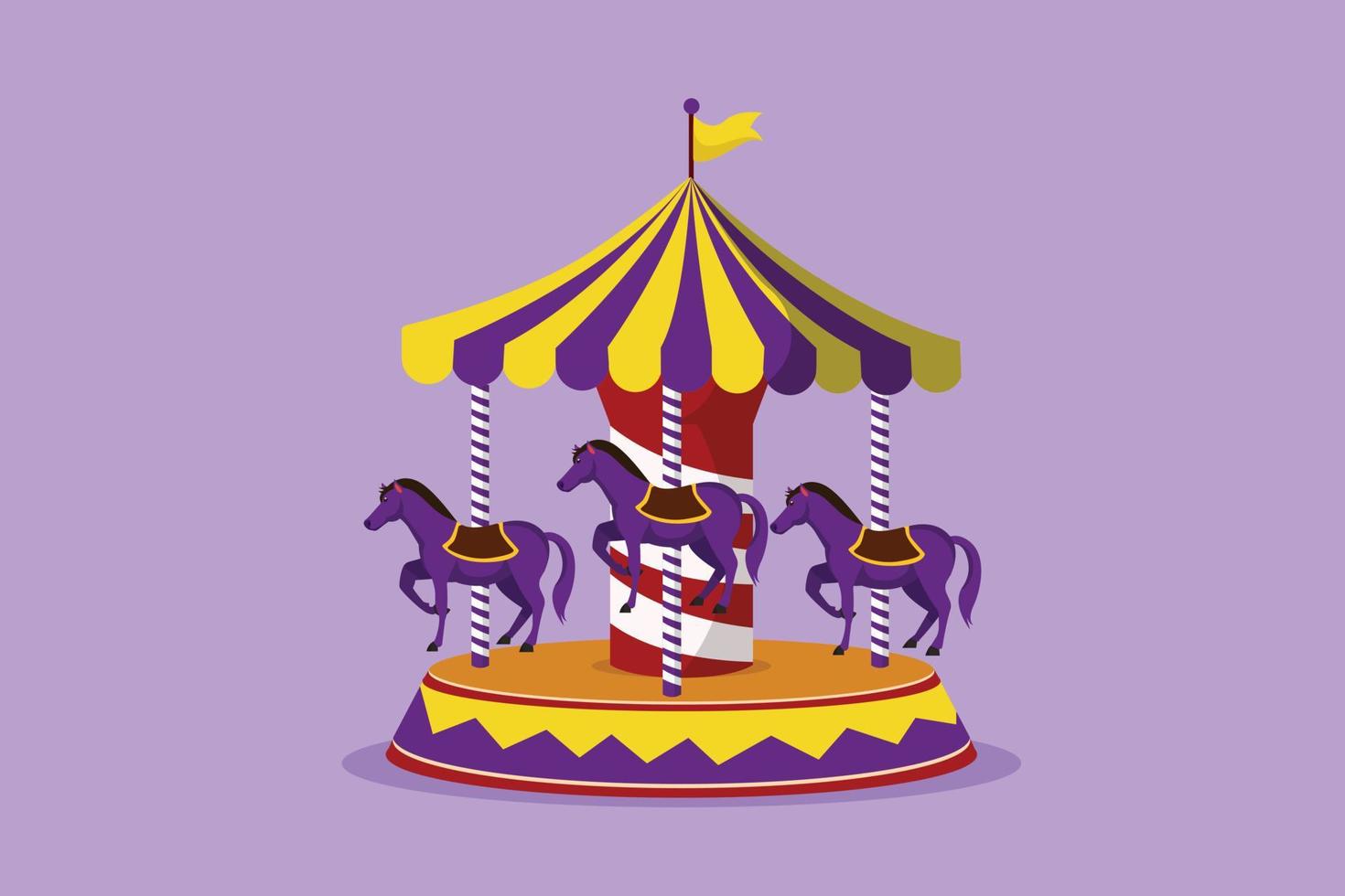 karaktär platt teckning av färgrik häst karusell i nöje parkera med hästar spinning under de tält med flagga. Lycklig barndom. spela på tivoli utomhus- festival. tecknad serie design vektor illustration
