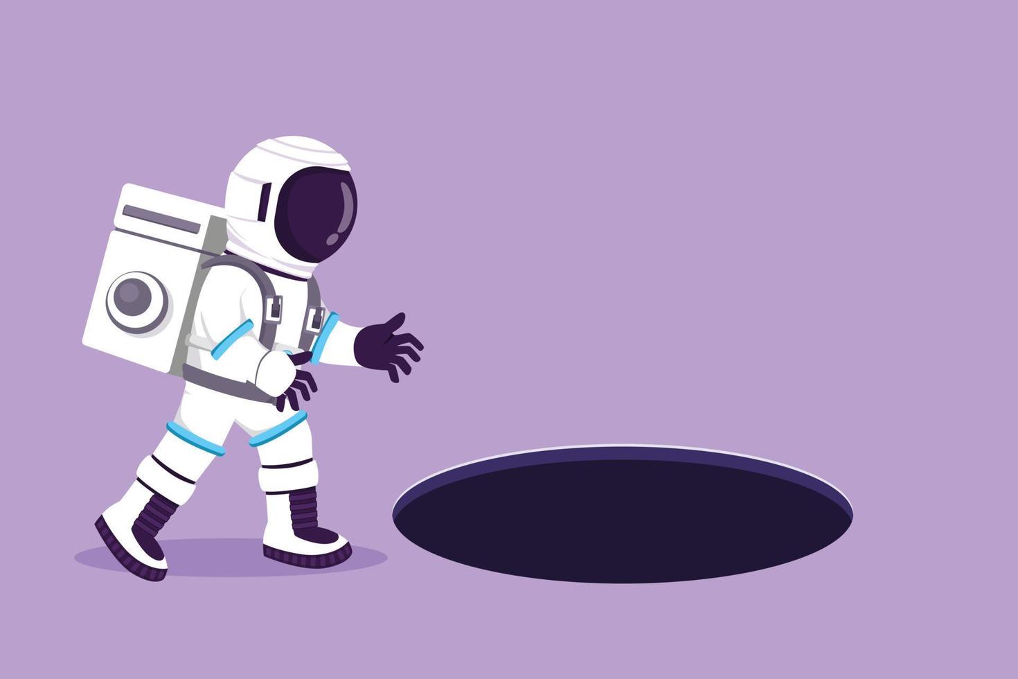 tecknad serie platt stil teckning ung astronaut ser på svart hål i måne yta. spaceman undrar och ser stor hål utforskning. kosmonaut djup Plats begrepp. grafisk design vektor illustration