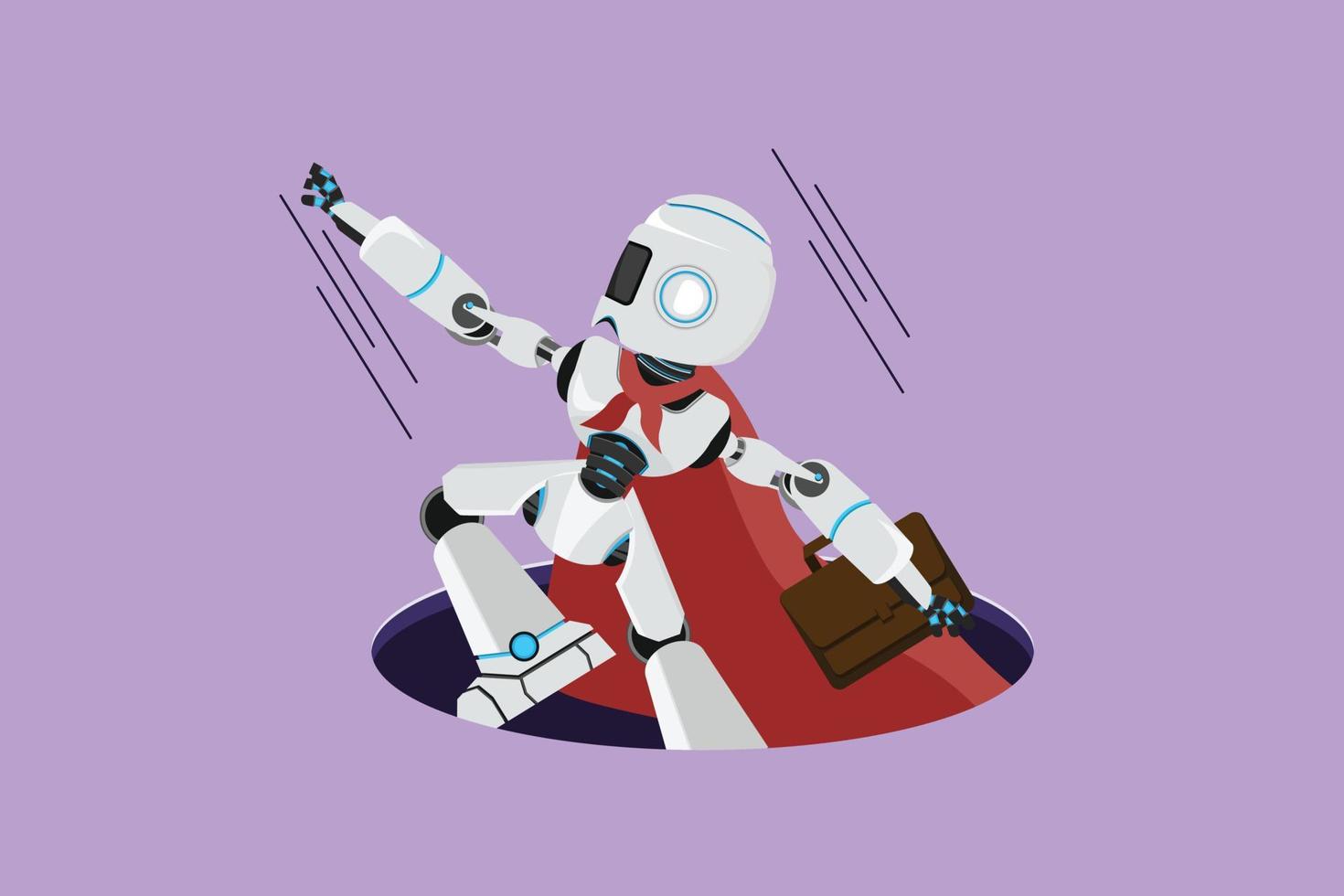tecknad serie platt stil teckning smart robot med vinge och portfölj kommande ut av hål. finansiell stigande, tech företag tillväxt. modern robot artificiell intelligens. grafisk design vektor illustration