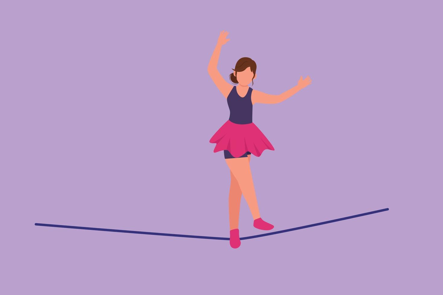 karaktär platt teckning kvinna akrobat gående på rep medan dans och höjning henne hand. attraktion kräver mod och rörlighet. cirkus visa händelse underhållning. tecknad serie design vektor illustration